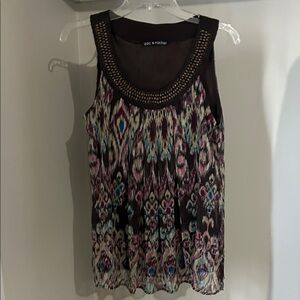 Zac & Rachel Black Printed Beaded-Neck Tank with Pink & Blue Accents